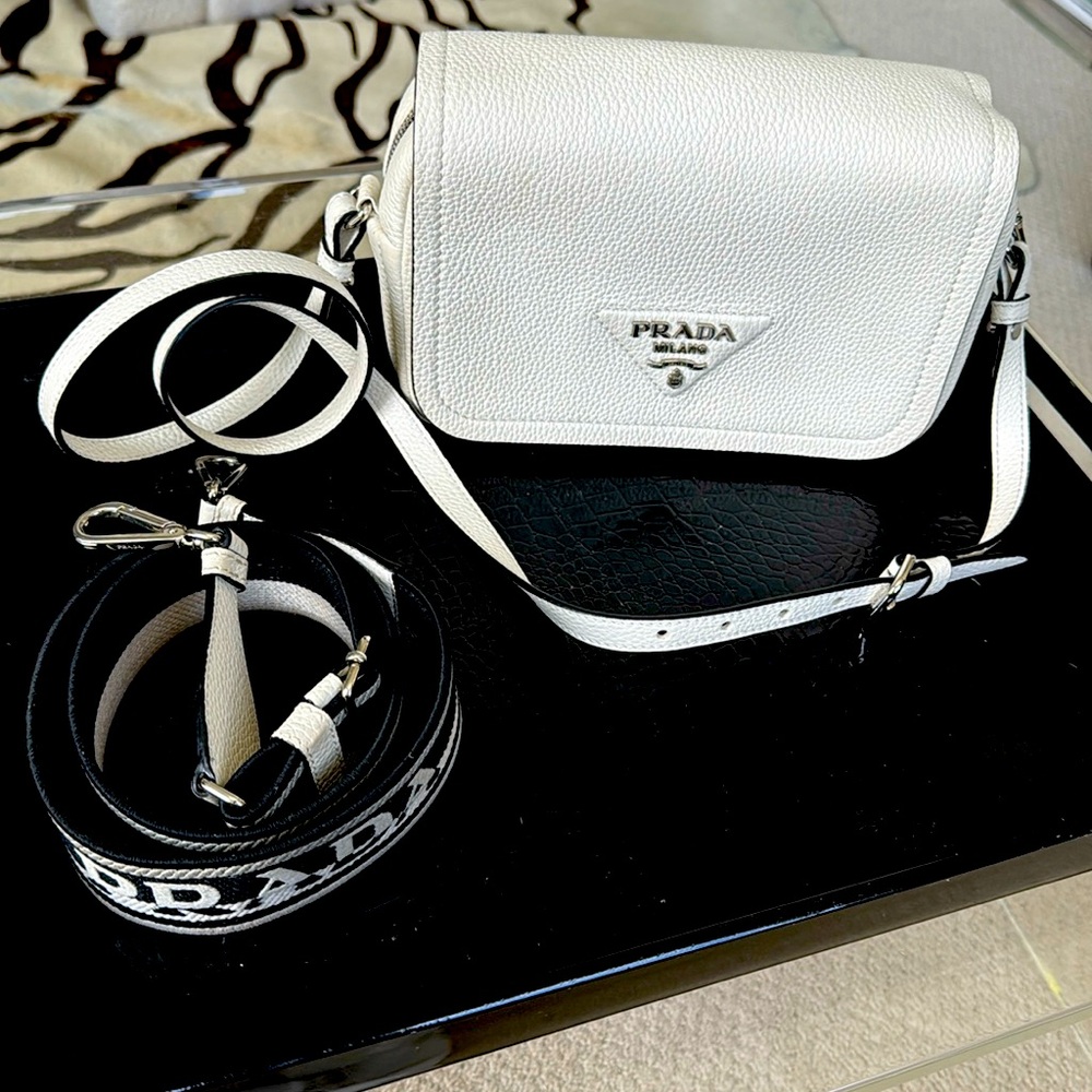 Prada White Vitello Daino Logo Crossbody Flap Bag